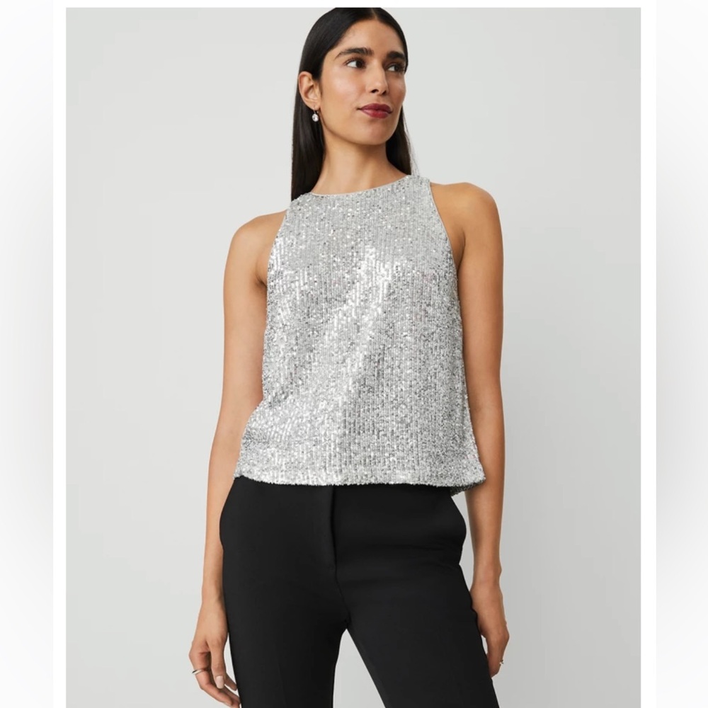 ANN TAYLOR Petite Sequin Halter Top, Silver Spark, Size S